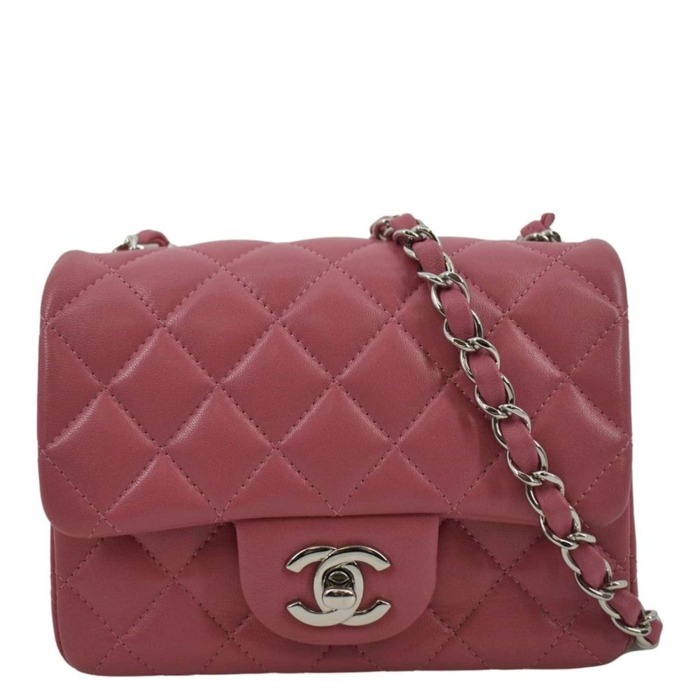 CHANEL  Mini Square Flap Leather Crossbody Bag Pink